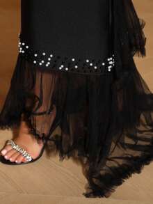 Love Aing 女士优雅黑色曳地长裙，适合红毯、街头、情人节、狂欢节、婚礼宾客、派对等场合，露背设计，珍珠点缀，性感迷人，奢华鸡尾酒礼服，多层剪裁，精致优雅的春季晚礼服 - 黑色 - 查看 13