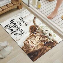 1pc Rustic Wooden Cow Shaped Washable Diatomite Mud Mat, Non-Slip Durable Bathroom Doormat - A Cow With Flowers - View 4