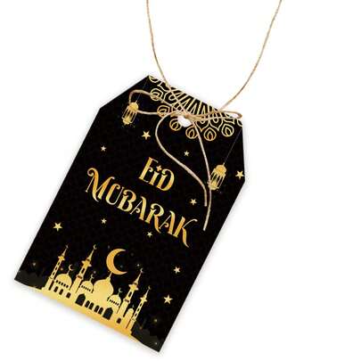 50pcs Paper Eid Mubarak Thank You Cards, Eid Party Gift Tags With Strings, Mosque Party Ramadan Themed Thank You Notes, Gift Packaging Tags