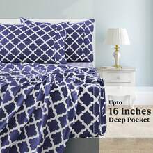 Lux Decor 4-Piece Quatrefoil Bed Sheet Set, Soft Brushed Microfiber Bedding With 16-Inch Deep Pocket Fitted Sheet, Breathable Hotel Luxury Sheets And Pillowcases, Fade And Wrinkle Resistant Bedding For Bedroom, Guest Room And Dorm - 海軍藍和白色 - 查看 4