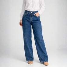 Calça Jeans Feminina Wide Leg Sawary Original Cintura Alta Lycra Elastano Confortável Larga Bonita - Azul - Visão 11