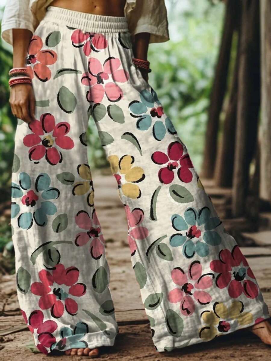 2026 Women's New Arrival Pink & Blue Patchwork Floral Plaid Pastoral Style Wide-Leg Elastic Waist Casual Pants - Hồng - Xem 1