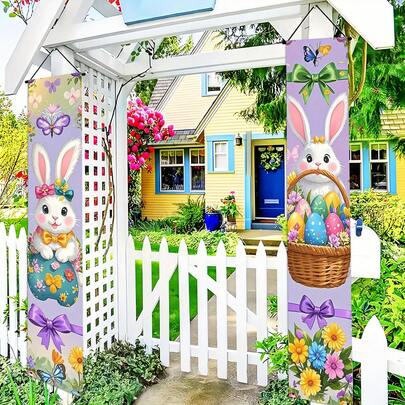 1 对复活节庆祝横幅 - 11.8x70.8 英寸耐用涤纶门挂，饰有迷人的兔子、彩蛋和花卉图案 - 非常适合室内/室外装饰、入口、露台、墙壁悬挂 - 节日家居和派对氛围装饰、兔子装饰、复活节装饰。