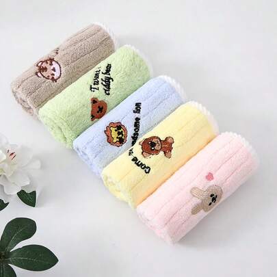 3/5pcs Coral Fleece Washcloth, Baby Face Towel, Infant Drool Bib, Cartoon Pattern, Soft & Cute, Suitable For Bathroom, Kitchen And More Scenarios, Essential Household Item, Ideal Gift For Kids