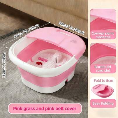 MORE BEAUTY Foldable foot bath and massage bathtub, equipped with heating and massage rollers, foldable foot bath with bubble nozzle and LED bulbs, household foot care massage device, with foot brush, foldable foot bathtub, portable foot bathtub cover, health-sized large foot washing bathtub, standalone foot massage device, foot massage bathtub with therapeutic acupoints, for foot care, foot soaking bathtub - anti-slip bath bag, relaxation foot soaking container, comfortable soaking solution, easy to clean design, high-quality spa foot care, suitable for men, women, the elderly, travel, camping, bathroom use, living room and bedroom (pink)