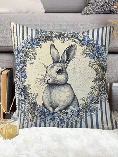 1/2/4件装蓝色复活节装饰兔子花卉植物抱枕套 | 可爱趣味舒适柔软装饰枕套，单面印花，涤纶材质，可机洗，现代风格，适用于春季客厅、卧室、沙发、床铺装饰