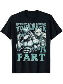 Funny Dynamic T-Shirt - "Are You Talking Behind My Back?" Wolf Head Print Unisex Casual Round Neck Summer Outfit, Fun Slogan Design, Machine Washable, Easily Start A Conversation - 黑色 - 查看 7