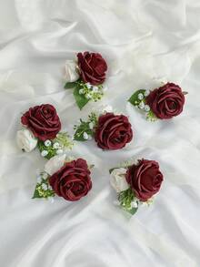 6朵/1件优雅玫瑰花搭配满天星浪漫花胸花和腕带，适合新郎、新娘、伴郎、伴娘、婚礼装饰、旅行、正式场合、派对等场合。 - A - 查看 10