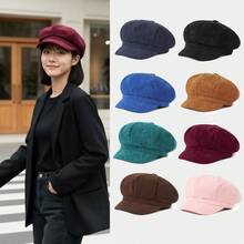 1 Piece Solid Color Corduroy Hat Women's Duckbill Cap Autumn Winter Versatile Artistic Painter Hat British Retro Octagonal Hat Women's Beret Suitable For Shopping And Travel - màu xanh lá - Xem 1