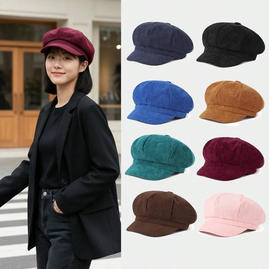 1 Piece Solid Color Corduroy Hat Women's Duckbill Cap Autumn Winter Versatile Artistic Painter Hat British Retro Octagonal Hat Women's Beret Suitable For Shopping And Travel - màu xanh lá - Xem 1