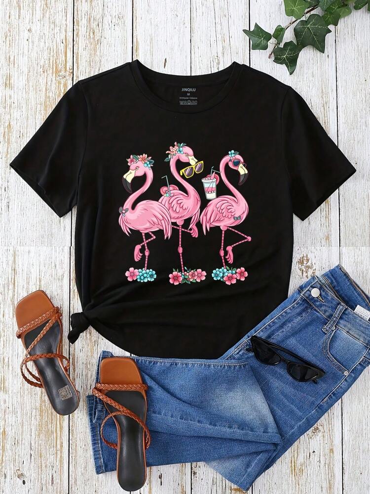 Flamingo Party With Flowers And Drinks Graphic T-Shirt For Women, Oversized Crewneck Tees Casual Wear, Spring Cotton Tops Short Sleeve, Summer Basic Tees, Funny Clothes For Women - 黑色 - 查看 2