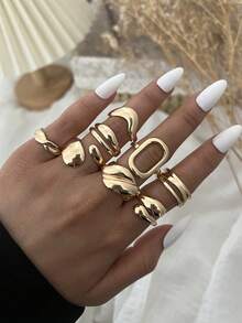 Zestaw pierścionków z perłami w stylu vintage, eleganckim, boho, asymetrycznym, geometrycznym, plisowanym kwiatem, 14/12/9/8/5 szt., idealny na co dzień, na imprezę, randkę, święta, ślub, prezent na festiwal. - Złoto - Zobacz 7