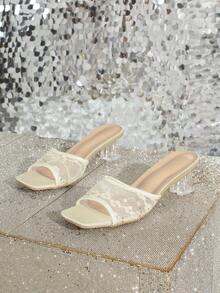 Apricot Women's Fashion Mesh Sequin Square Toe High Heel Sandals, Elegant Romantic Comfortable Versatile Chunky Heel Slide Sandals - Apricot - View 5