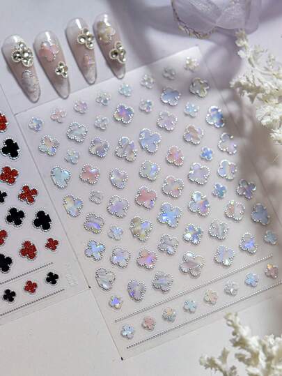 1pc French Four-Leaf Clover Shiny Metal Gradient Colorful Lucky Charm Elegant Nail Art Stickers Self-Adhesive 5D Press On Manicure For Women Modern Nail Decor Nails