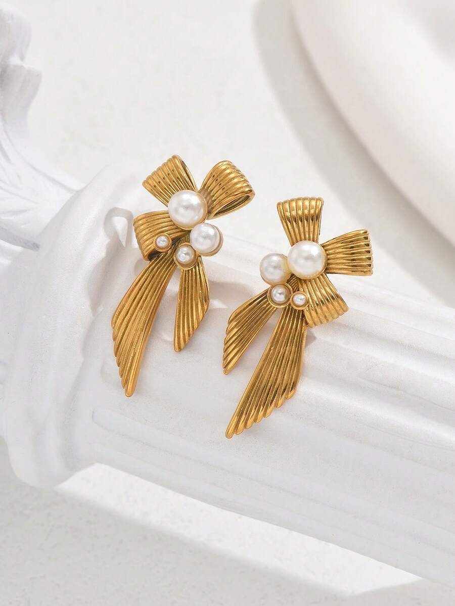 一对优雅的丝带蝴蝶结仿珍珠耳环，适合婚礼、派对、日常佩戴。 - 金色 - 查看 1