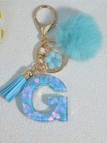1pc Blue Heart Letter Keychain With Butterfly & Flower Decor, Women Bag Charm, Gift Keyring With Pom Pom Gifts For Mother, Father, Graduation, And Teacher - Baby Blue - View 9