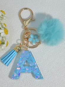 1pc Blue Heart Letter Keychain With Butterfly & Flower Decor, Women Bag Charm, Gift Keyring With Pom Pom Gifts For Mother, Father, Graduation, And Teacher - Baby Blue - View 25