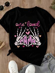 Mother's Day Women Plus Size Short Sleeve T Shirt Skeleton Hands Mama Pink Hearts Print Casual Wear - 黑色 - 查看 2