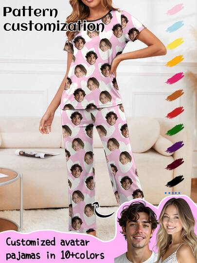 Printstory Customized Women's Short Sleeve Pajama Set, Can Print Any Pattern, Personalized Pajamas With Photos, Funny Customized Images, Comfortable Sleepwear. Suitable For Valentine's Day, Birthday, Gifts, Personalized, Colorful, Cute, Witty, Unique, Exclusive, Ideal Girlfriend Gift, Suitable For Girlfriend, Family, Friends, Elders, Fashionable For Autumn, Holiday Party