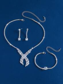3 piezas Conjunto de joyería nupcial de lujo con cristales, collar de rhinestone, aretes colgantes y pulsera, accesorios elegantes y formales para mujeres, ideal para celebraciones de Eid Al-Adha - Plateado - Ver 3