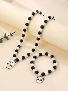 2件套可爱熊猫串珠项链和手链套装，甜美少女风格百搭饰品，适合日常佩戴和开学季 - 均碼 - 查看 6
