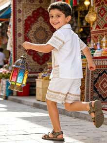 XUMPLO 2pcs/Set Young BoyCasual Striped Digital Print Cardigan Shirt & Shorts Set, Everyday & Holiday Wear - White - View 2