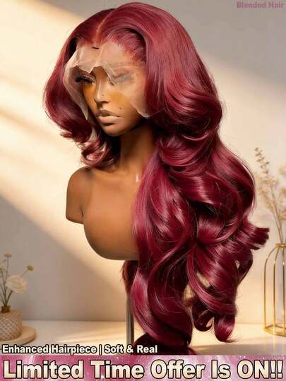 34 Inch 200% Density Brazilian Virgin Body Wave Lace Frontal Wigs Glueless - 13x4 Pre Plucked Pre Bleached HD Transparent Lace Front Wigs #BUG Wine Red Color - Pre Cutting Pre Pulling Pre Ironing Invisible Hairline Human Frontal Hair Middle Part Wigs - Put On And Go Blended Human Hair Wigs Glueless Weaves Wigs For Women Daily Use Blended Hair