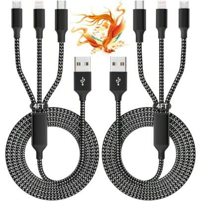 Cat Trees & CondosMulti Charging Cable 2Pack 4FT 3 In 1 USB Charging Cable For Multiple Devices Braided Universal Phone Charger Cord With Type-C Micro USB IP Port For IPhone17/16/14/Android Phones And More
