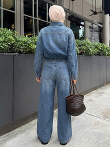 Livesso Women's Denim Jacket With Collar & Zipper And Loose Straight-Leg Jeans Casual Suit - Medium Wash - View 5