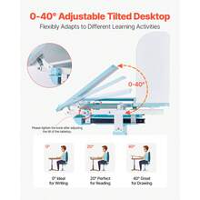 Kids Study Chair And Desk Set, Study Desk And Chair For Kids With Bookshelf & Storage Drawer, Adjustable Height & 0-40° Tilted Desktop Desk And Chair, Study Table For Bedroom & Study Room, Blue - Blue - 20.5 to 43.5 Inches - View 3