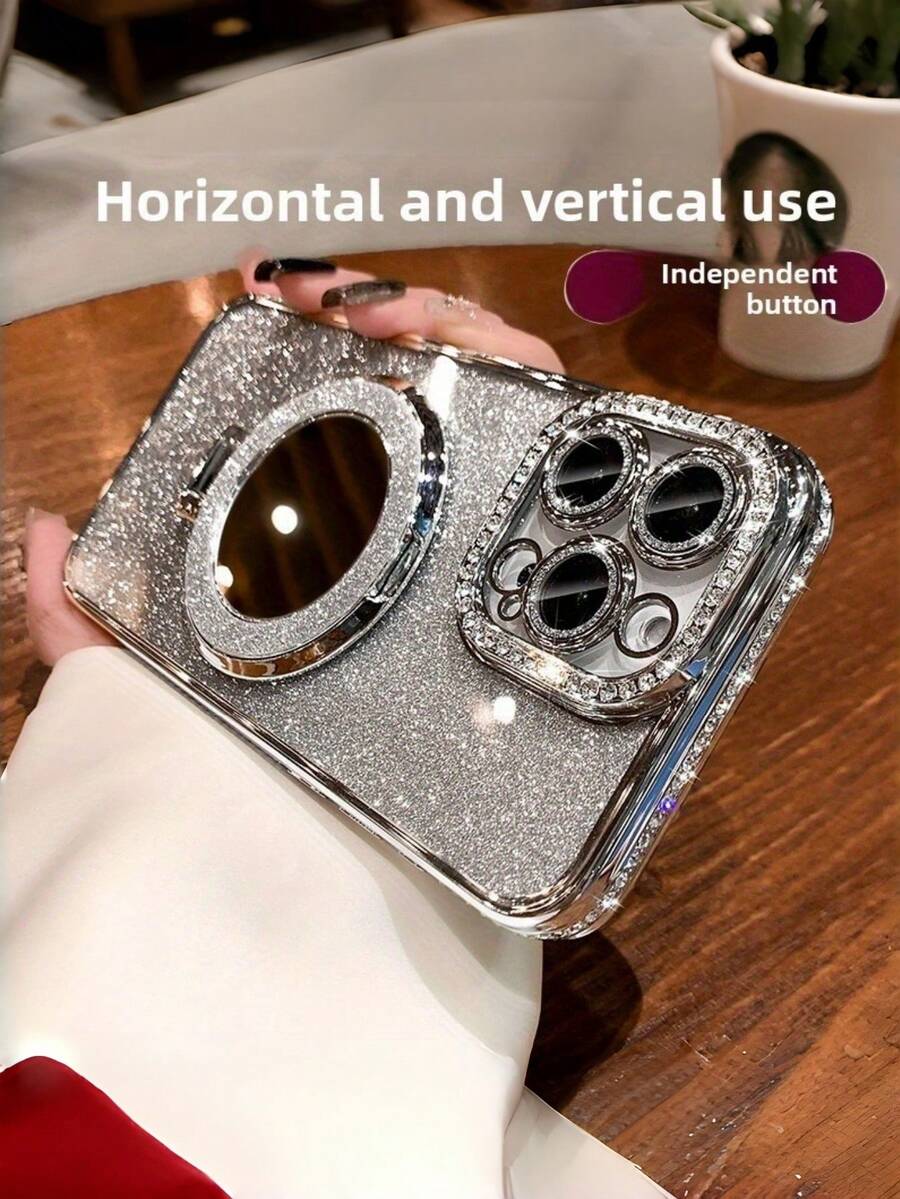 New Rhinestone Mirror Apple 15 Pro Max Phone Case, Anti-Drop, Lens Full Coverage, Minimalist & Fashionable For Men & Women, Exclusive 17 Pro Max Goddess Solid Color - Silver - View 1