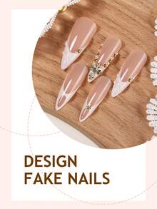 French Acrylic Nails 24Pcs Slim Stiletto Press On Nail Tips, DIY Art Gold Chrome Fake Nails 3D Set With Gold Beads/White Beads/Stars/Crosses Decorations Suitable For Nail Salons, Girls And Women Nail Accessories For Daily Wear And Holiday Party Gifts - Multicolor - View 3