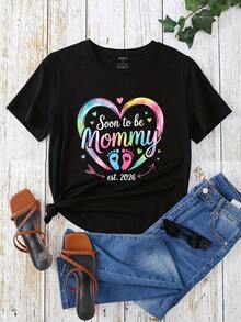 Soon To Be Mommy Heart Design Graphic T-Shirt For Women, Oversized Crewneck Tees Casual Wear, Spring Cotton Tops Short Sleeve, Summer Basic Tees, Funny Clothes For Women - màu đen - Xem 2