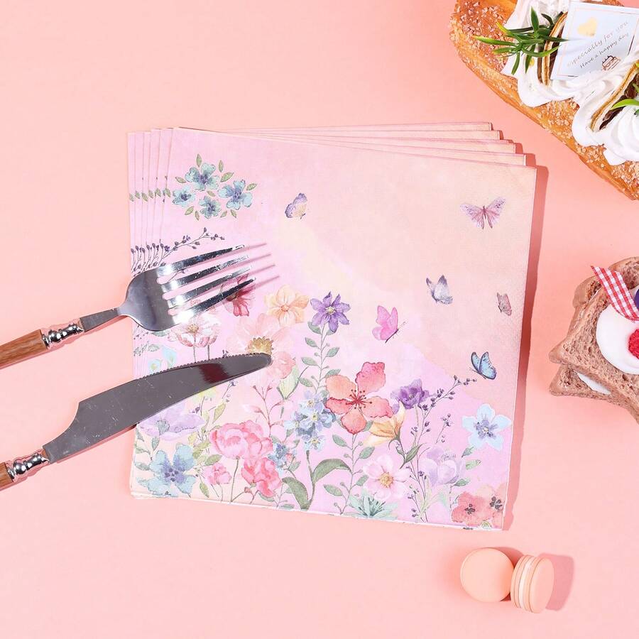 20pcs/40pcs/60pcs/Set, Pink Floral Pattern Napkins, Spring Floral Pattern Napkins, Spring Floral Theme Party Tableware Set, High-Quality Disposable Napkins, Suitable For Birthdays, Newborn Baptisms, Bridal Shower, Baby Shower Party Table Decorations - Multicolor - View 1