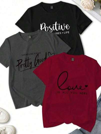 1pc Casual Algodón Camiseta para mujer Deportivo Apto para llevar en primavera, verano, otoño e invierno.1 playeras estampadas de mujer con frases motivacionales modernas y juveniles