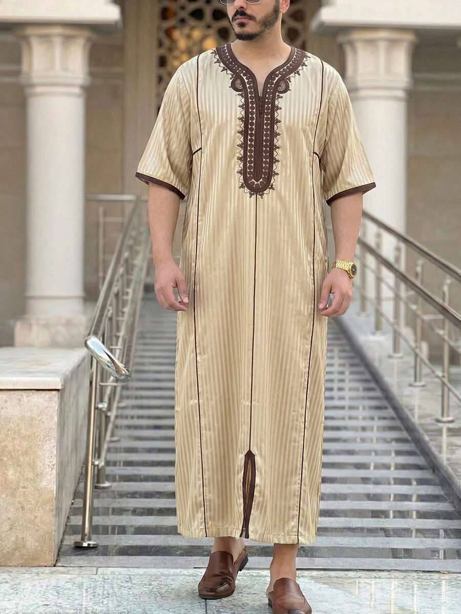 摩洛哥式 Jallabiya 男士穆斯林長袍，短袖刺繡條紋設計，傳統男裝，節慶派對祈禱袍 - 芥末黃 - 查看 1