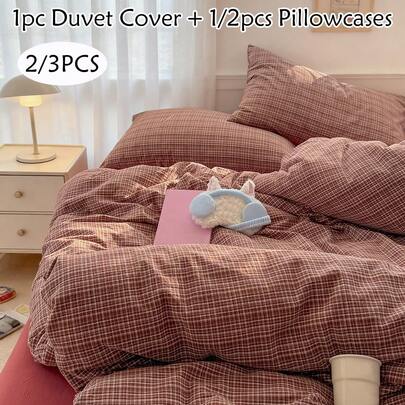 2/3件套红色复古格子水洗棉被套套装，简约时尚床上用品套装，四季皆宜，适合宿舍、客房，柔软透气，可机洗（1个被套+1/2个枕套，不含填充物）