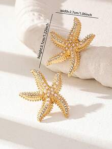 一对仿珍珠装饰海星耳环，夏季海滩风女士首饰 - 金色 - 查看 3