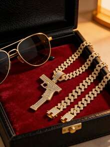 1 pieza Collar con colgante de pistola totalmente cubierto de hielo, collar de cadena cubana de moda para hombres, accesorio de hip hop, regalo único - collar con colgante de pistola - Ver 5