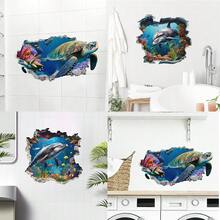 1/3pcs Broken Wall Ocean Sea Turtle Wall Stickers Underwater World Dolphin Coral Reef Wall Decals Waterproof Removable Vinyl Art Murals For Bathroom Toilet Laundry Room Background Home Decoration - Underwater World Wall Stickers - View 3