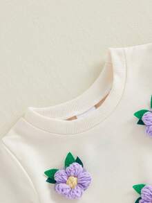 2Pcs Toddler Baby Girl Floral Outfit Infant Summer Clothes Sets 3D Flower Short Sleeve T Shirts And Denim Shorts Set - Purple - View 4