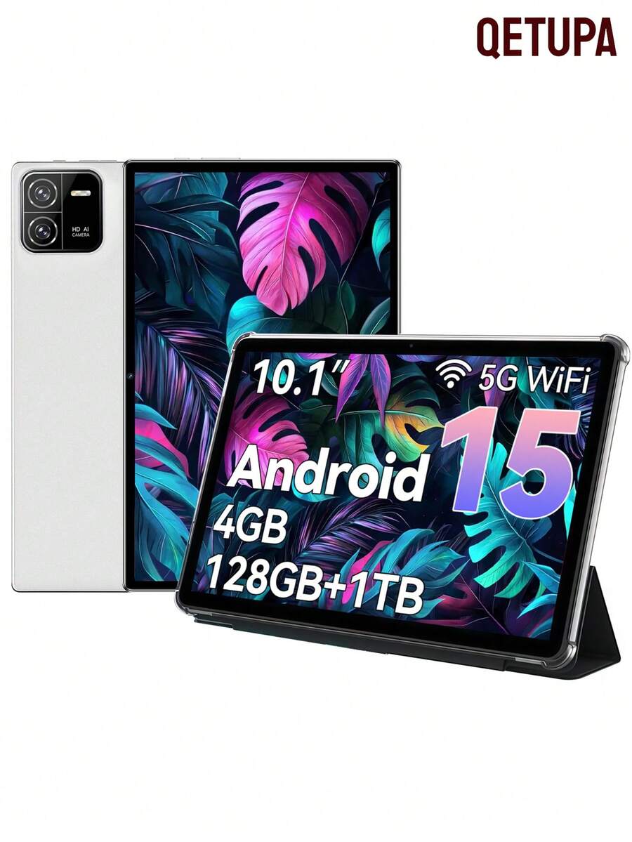Qetupa Android 15 平板电脑,10.1 英寸四核 1.6GHz 处理器,4GB 运行内存 + 64GB/128GB/256GB 机身存储,802.11ax WiFi 6,蓝牙 5.2,Incell 高清 (1280*800) IPS 触控屏,5MP+8MP 双摄像头,6000mAh 电池,Type-C 接口,适合作为圣诞节、万圣节、感恩节、周年纪念日、复活节等节日的礼物(不含适配器)。 - 白色 - 查看 1