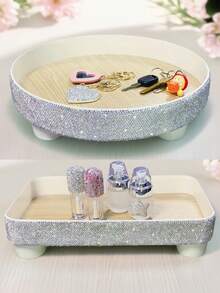 1pc Luxury Sparkling Rhinestone Fragrance Aromatherapy Key Storage Tray, Bathroom Vanity Jewelry Skincare Organizer Tray, Suitable For Living Room Office Desktop Clutter Organization, Creative Gift - Silver - View 2