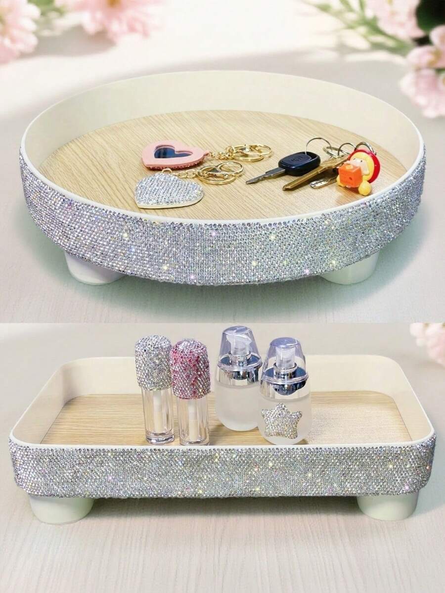 1pc Luxury Sparkling Rhinestone Fragrance Aromatherapy Key Storage Tray, Bathroom Vanity Jewelry Skincare Organizer Tray, Suitable For Living Room Office Desktop Clutter Organization, Creative Gift