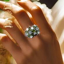 1枚时尚925银镶嵌蓝色锆石花朵戒指，适合婚礼、节日、派对等场合。 - 橄欖綠 - 查看 5