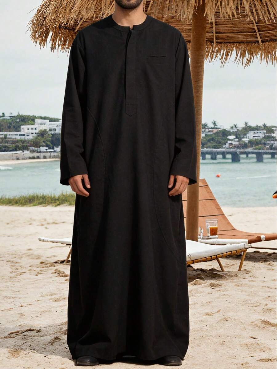 Men's Casual Long Robe, Middle Eastern Clothing, Long Sleeve Kaftan - Black - View 1