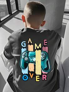 Camiseta de manga corta con cuello redondo y estampado casual para niños preadolescentes y estudiantes, top de verano - Gris Oscuro - Ver 9