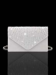 Shiny Pleated Rhinestone Clutch Evening Bag, Elegant New Women's Party Bag And Wedding Bag, Paired With Sparkling Jewelry Sets, Rhinestone Pendant Necklace And Earrings, Suitable For Parties, Dinners, Gatherings, And Proms. - Silver - View 9