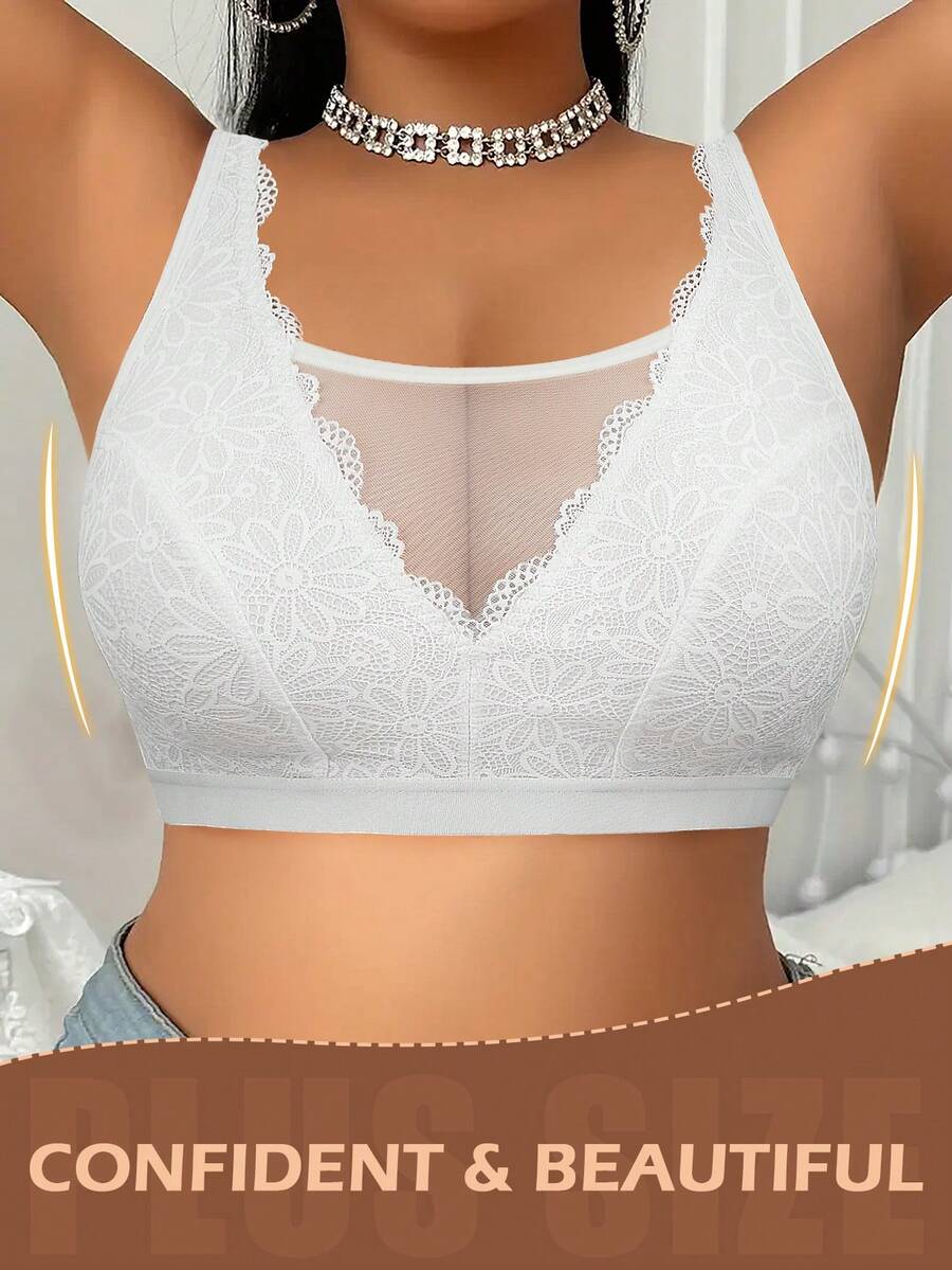 mimilemon Sujetador inalámbrico de encaje blanco para mujer de talla grande - Tela transpirable y espalda suave - Blanco - Ver 1