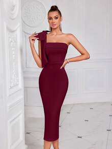 ADYCE 비대칭 네크라인 단색 보우 타이 장식 슬릿 백리스 미디 길이 칵테일 파티 드레스, 생일, 결혼식 하객, 졸업식, 디너 파티, 홈커밍 및 기타 행사에 적합한 우아한 세미 정장 가운, 우아한 여름 새해 드레스 - 버건디 - 보기 8